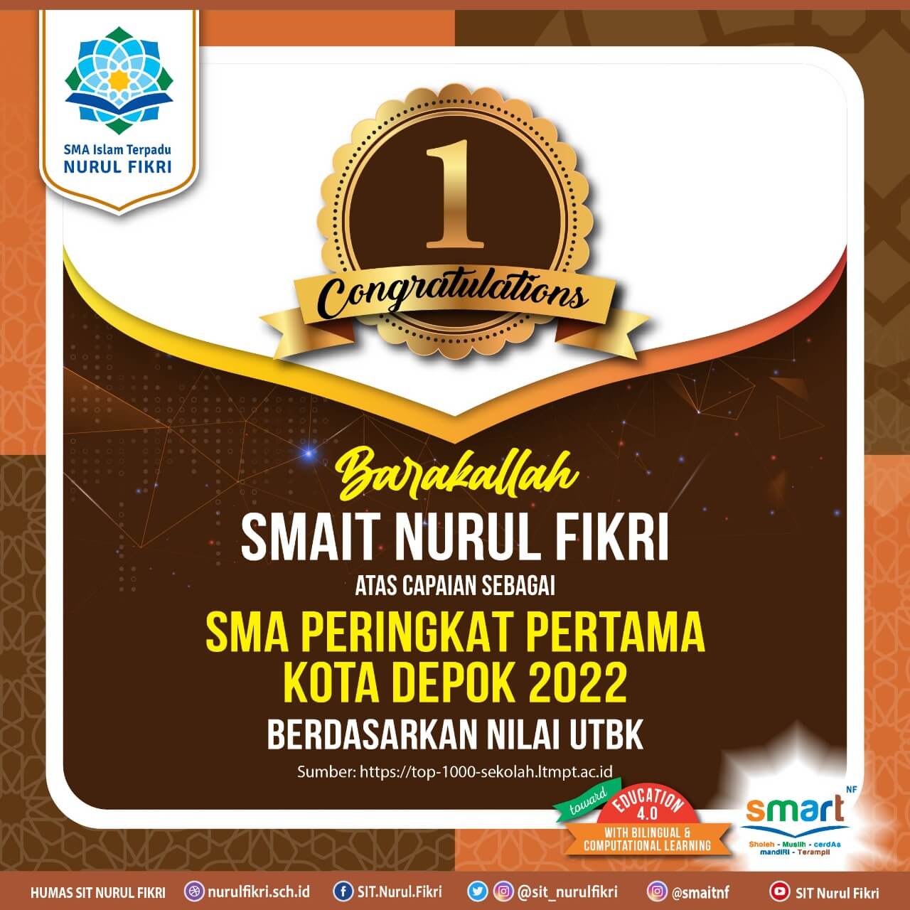 SMAIT Nurul Fikri Raih Peringkat Pertama UTBK Tertinggi Kota Depok Versi LTMPT